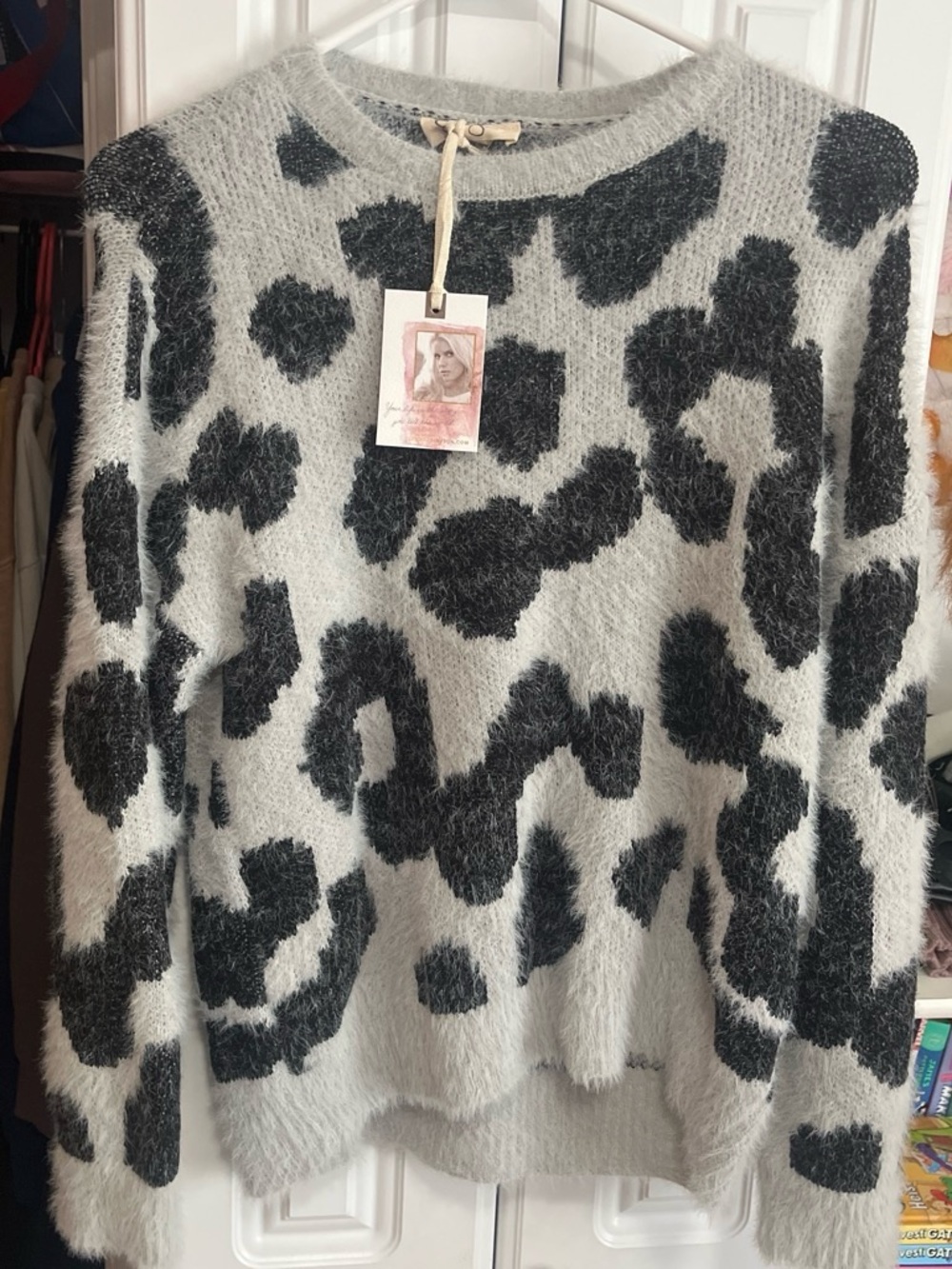 Jessica Simpson Fuzzy Animal-Print Crewneck Sweater - Black & Light Gray